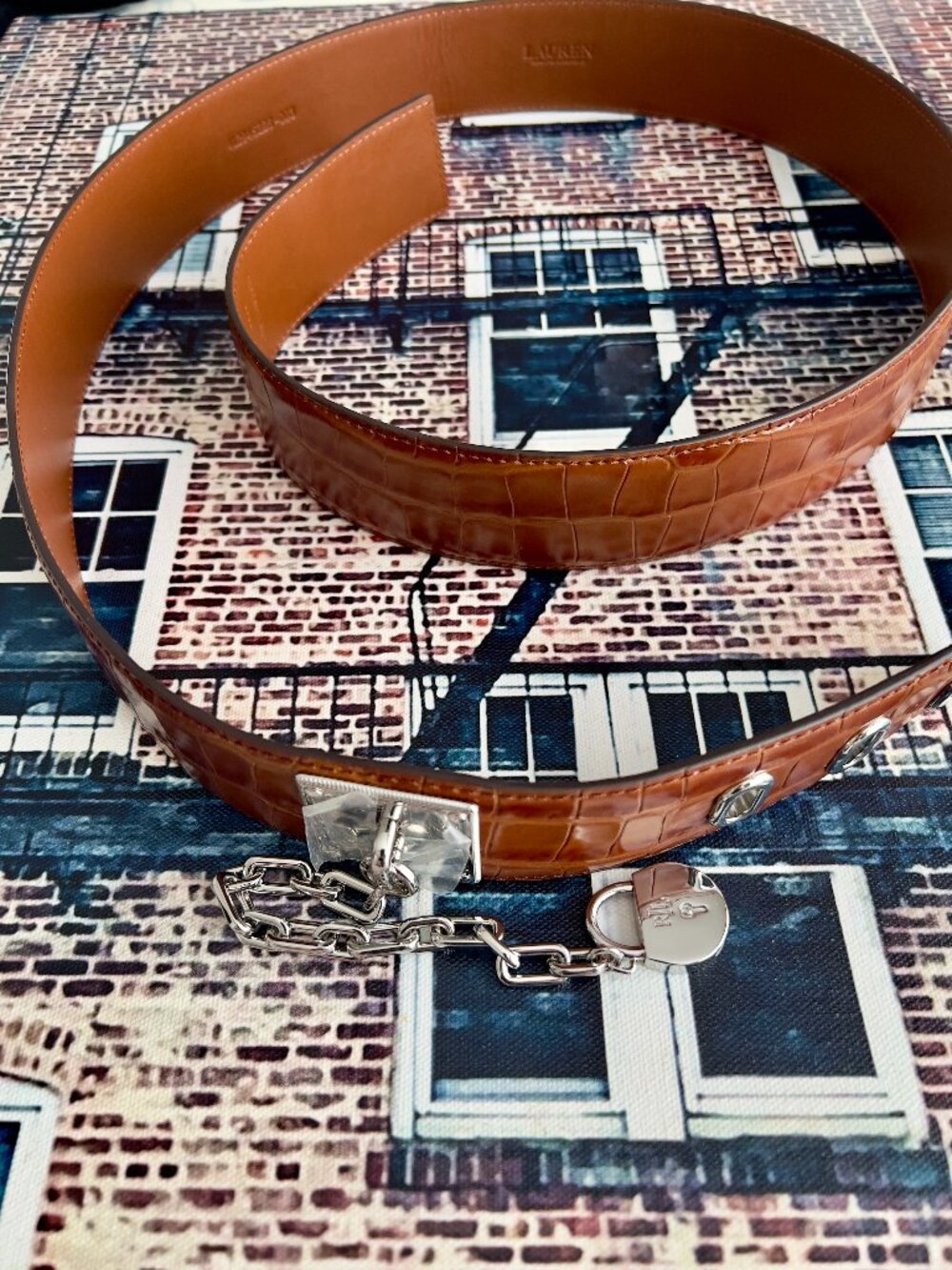 Ralph Lauren Croc embossed chain padlock leather belt. Size 2x